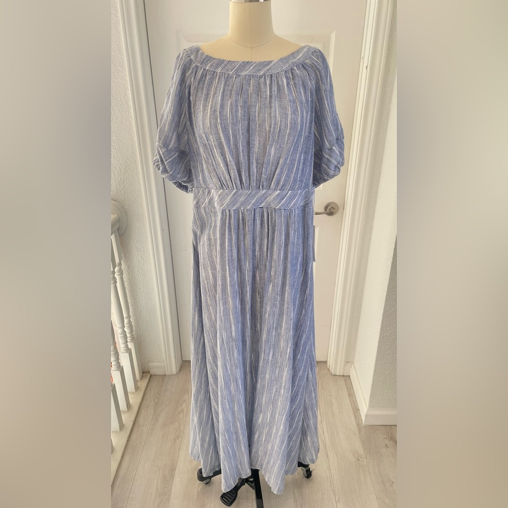 🆕 Calvin Klein Light Blue Striped Maxi Dress.